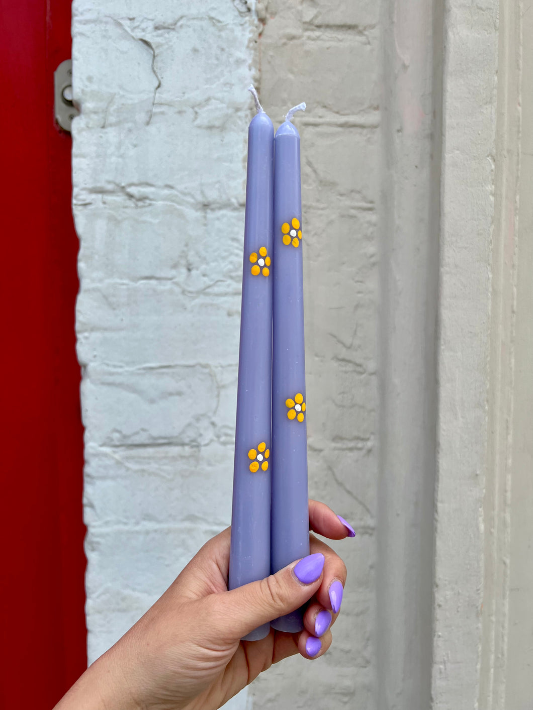 Hand-Painted Flower Taper Candle Set - Purple