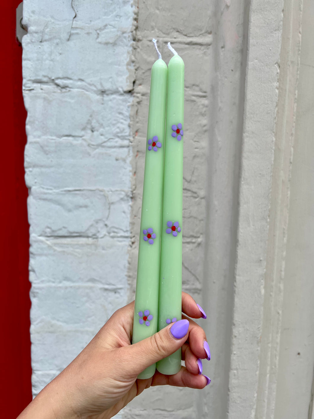Hand-Painted Flower Taper Candle Set - Green