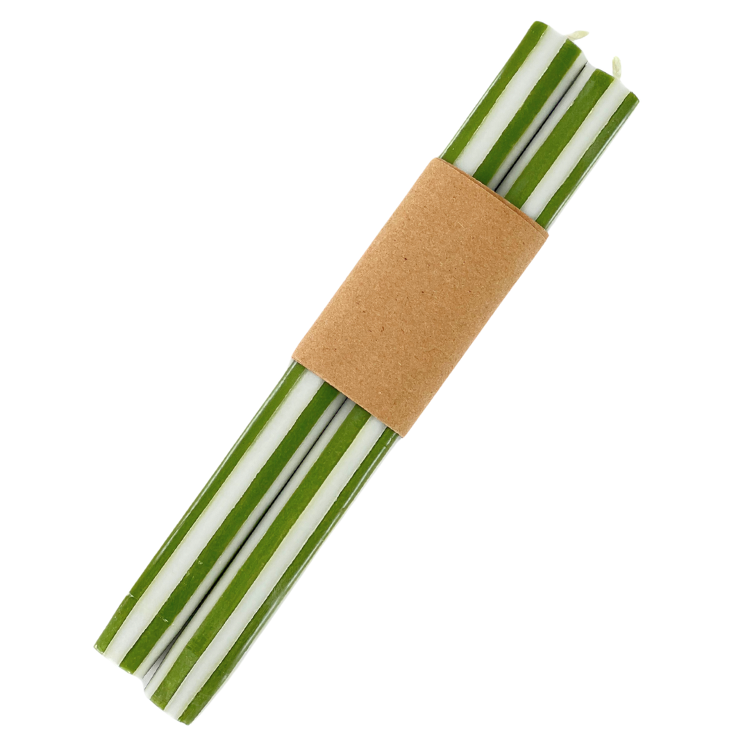 Striped Dinner Candles - Moss Green/White