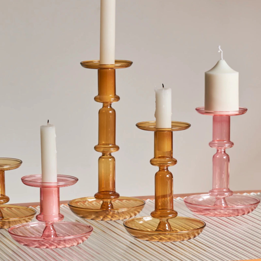 Pink and Amber Glass Candleholders (Multiple sizes available)