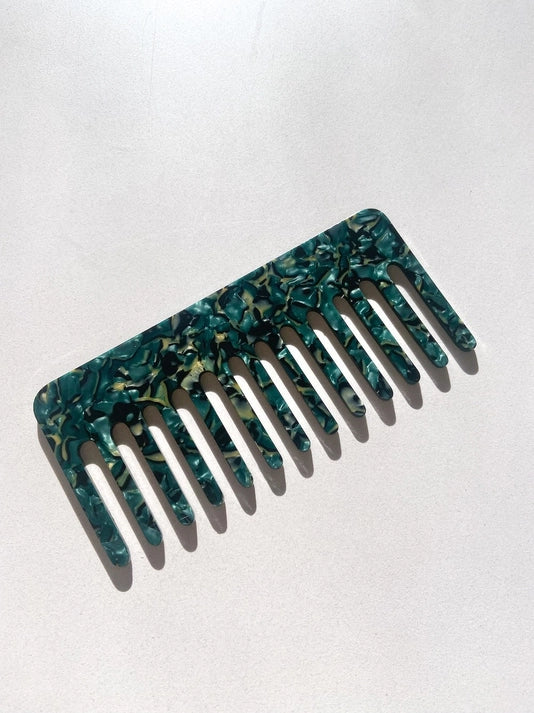 Wide Tooth Acetate Hair Comb - Emerald Tortoise
