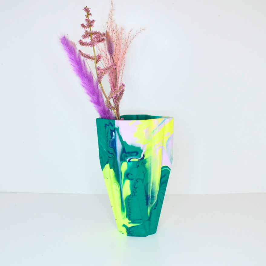 Marbled Deco Vase - Emerald Green and Yellow